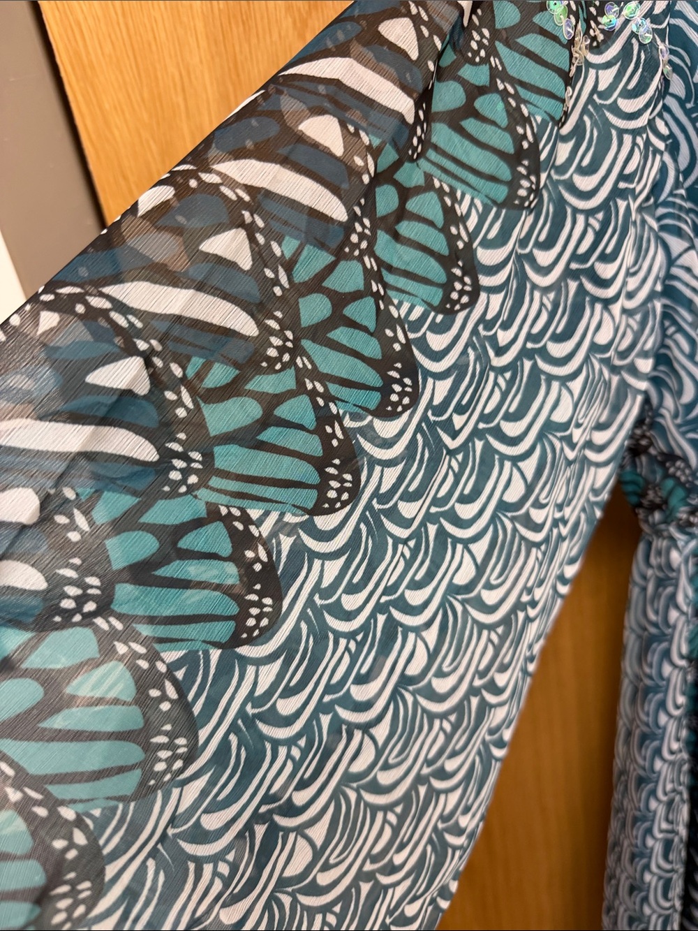 Blue Teal Mixed Patterned V-Neck Resortwear Maxi Dress with Sequin Details - Picture 11 of 12